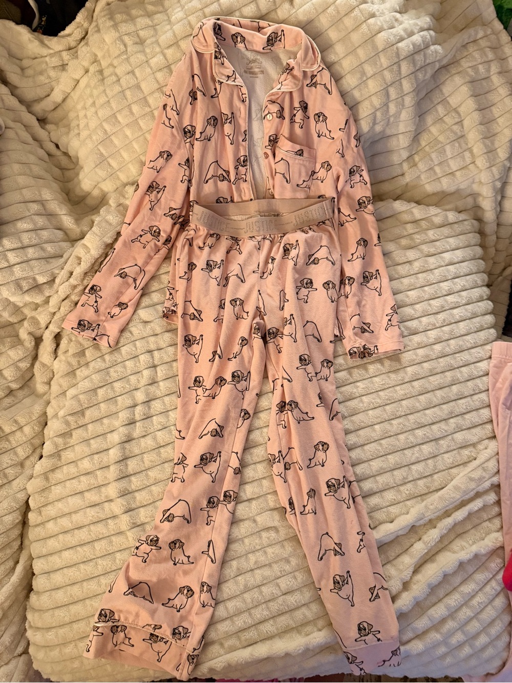 Justice Pink Puppy Print Pajama Set with Gold Elastic Waistband